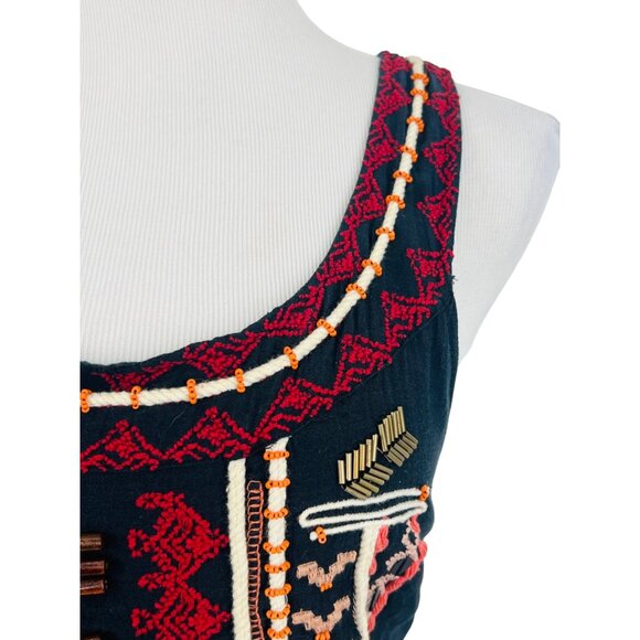 VINTAGE Free People Black Boho Embroidered Dress • Tassel Cutout Back Y2K Hippie - Picture 4 of 16